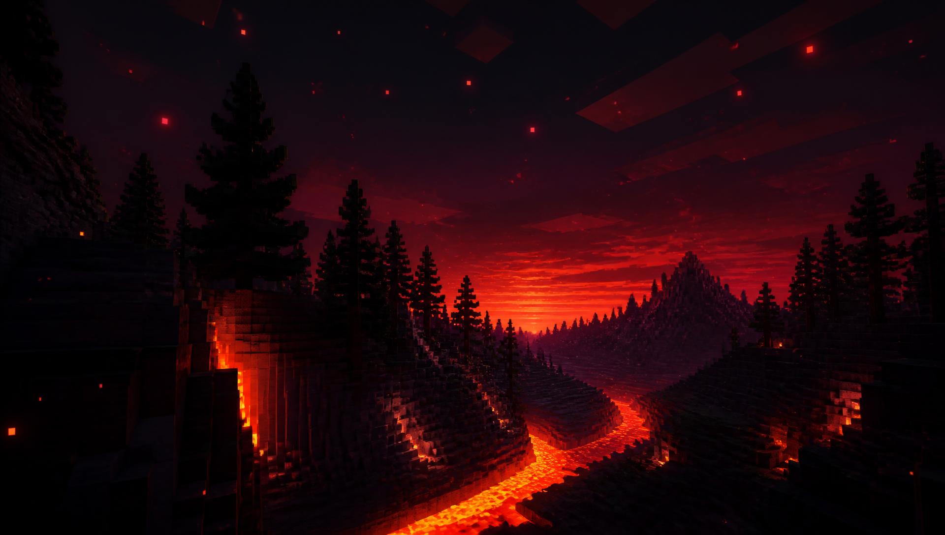 Minecraft valley with a glowing lava river at dusk